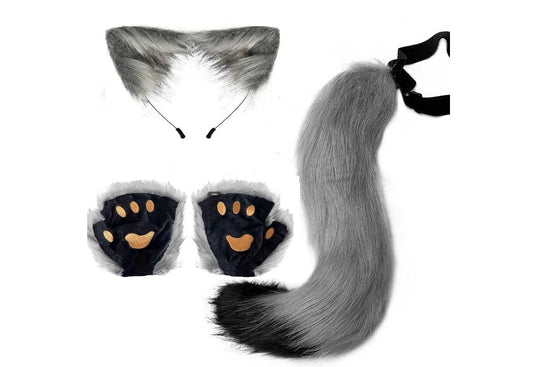 Mandotos Halloween fox tail and ears cosplay set with paw gloves, featuring realistic fox accessories and costume details.