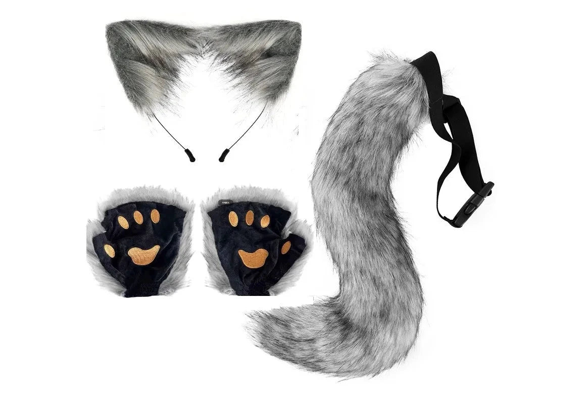 Mandotos Halloween fox tail and ears cosplay set with paw gloves, featuring realistic fox costume accessories for Halloween or dress-up.