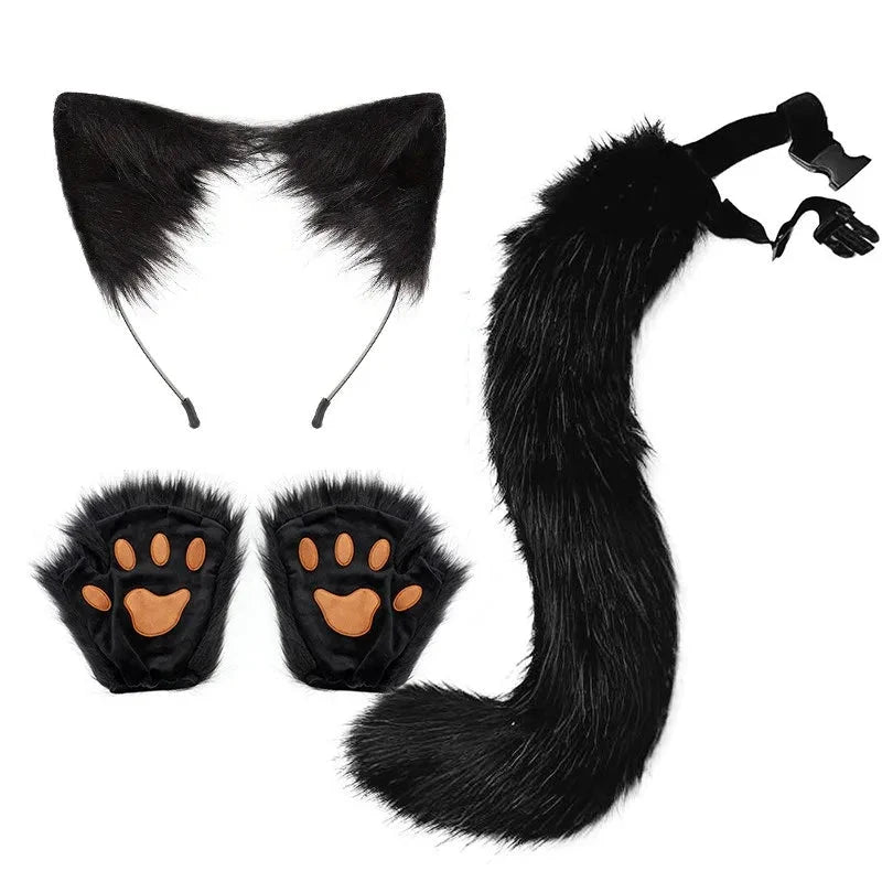 Mandotos Halloween fox tail and ears set for cosplay, includes paw gloves, featuring realistic fox fur and accessories.