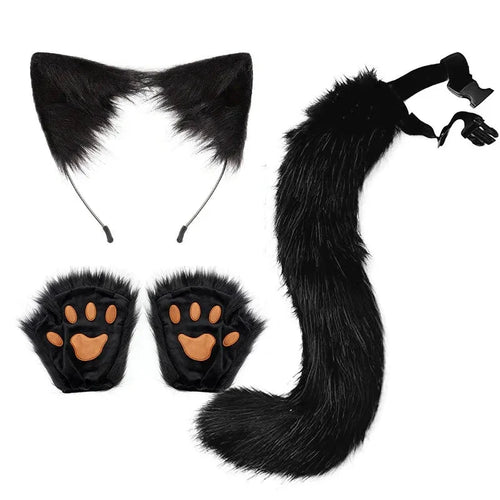 Mandotos Halloween fox tail and ears set for cosplay, includes paw gloves, featuring realistic fox fur and accessories.