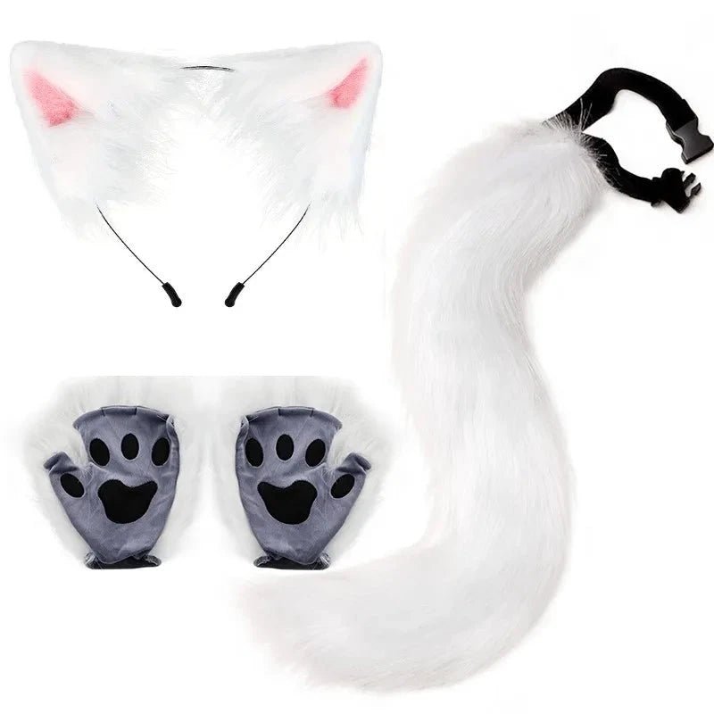 Mandotos Halloween fox tail and ears cosplay set with paw gloves, featuring orange and white faux fur, perfect for costume dressing.