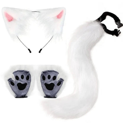 Mandotos Halloween fox tail and ears cosplay set with paw gloves, featuring orange and white faux fur, perfect for costume dressing.