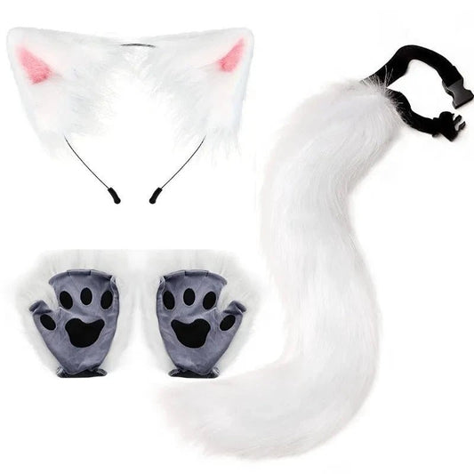 Mandotos Halloween fox tail and ears cosplay set with paw gloves, featuring orange and white faux fur, perfect for costume dressing.