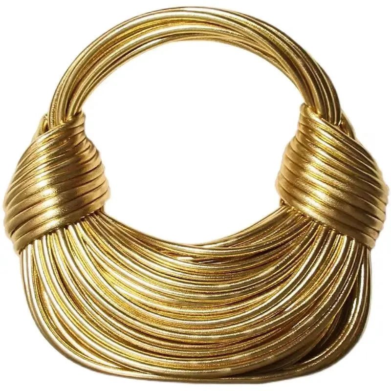 Mandotos gold luxury designer handbag for women, handwoven noodle style with rope details, silver evening clutch, hobo and tote features.