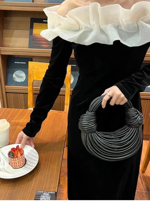 Mandotos gold luxury designer handbag with handwoven noodle design, rope knots, hobo style, and silver evening clutch appearance.