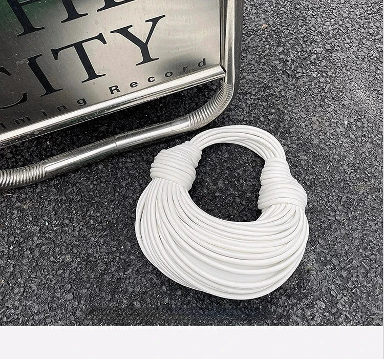 Mandotos women's luxury gold woven handbag with rope knot detail, hobo silver evening clutch, stylish designer bag for 2025.