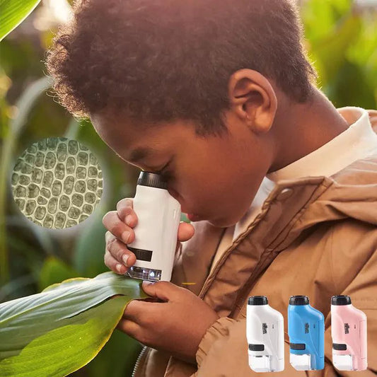 Mandotos handheld microscope kit with adjustable focus, LED lighting, and multiple magnification lenses for detailed close-up viewing.