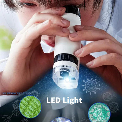 Mandotos handheld microscope kit with adjustable focus and LED illumination, suitable for scientific exploration and detailed viewing.