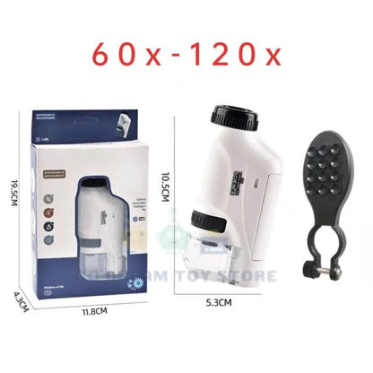 Mandotos handheld microscope kit with adjustable lenses, lighting, and accessories for detailed close-up viewing.