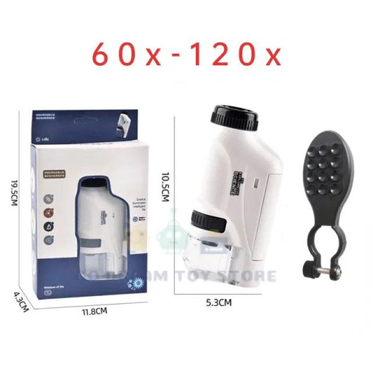 Mandotos handheld microscope kit with adjustable lenses, lighting, and accessories for detailed close-up viewing.