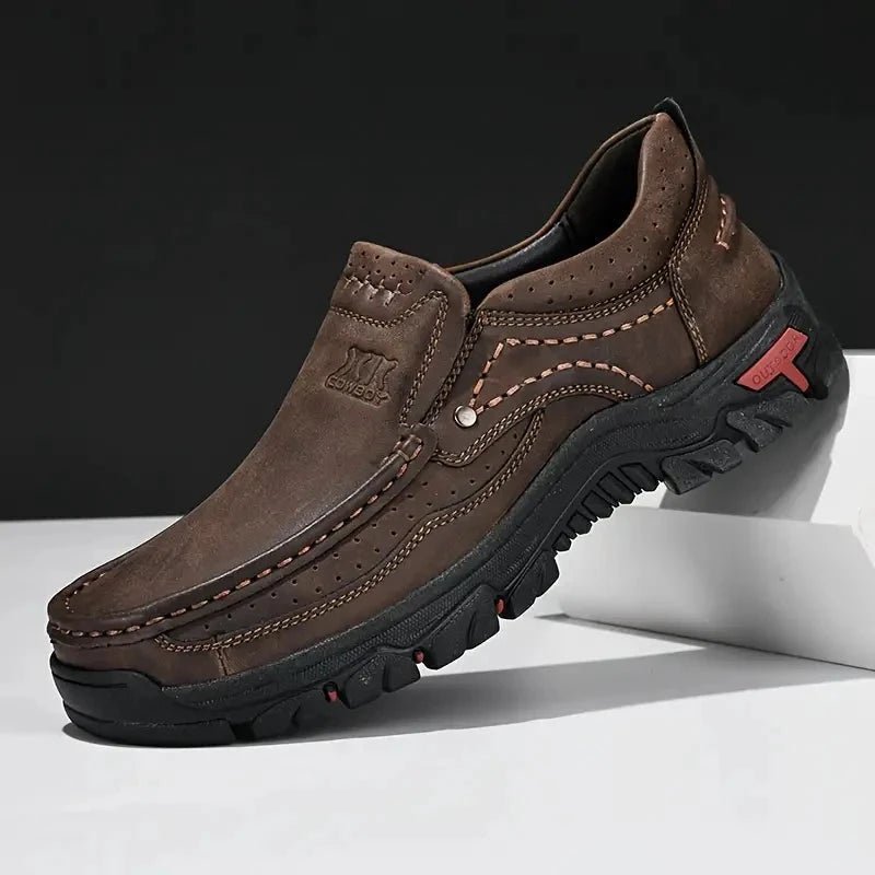Mandotos handmade leather men's slip-on loafers with casual outdoor style, flats, moccasins, and non-slip soles.