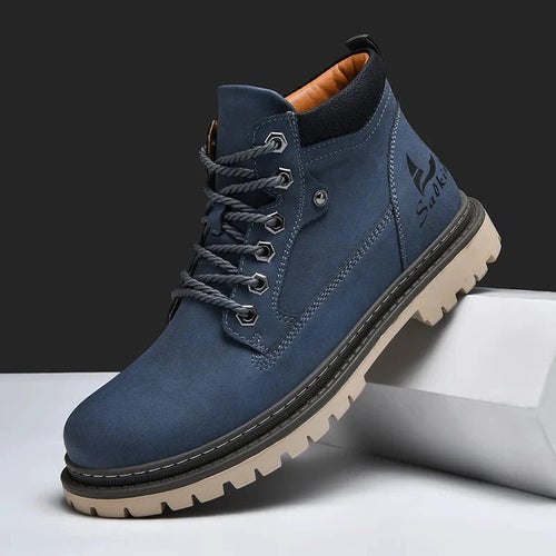Mandotos handmade men's ankle winter leather boots with high-top design, outdoor hiking style, anti-slip sole, perfect for autumn.