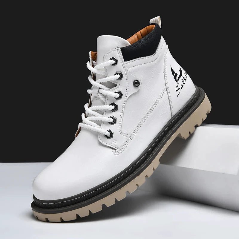 Mandotos handmade men's ankle winter leather boots with high-top design, outdoor hiking style, anti-slip soles, suitable for autumn.