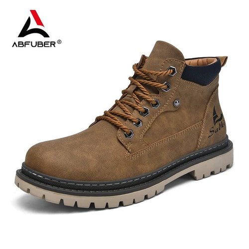 Mandotos handmade men's ankle leather boots for winter, outdoor hiking, with high top design and anti-slip sole.