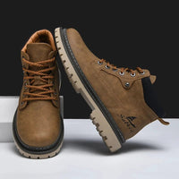 Mandotos handmade men's ankle winter leather boots with high-top design, outdoor hiking style, anti-slip soles, suitable for autumn.