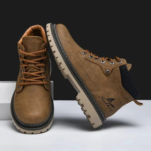 Mandotos handmade men's ankle winter leather boots with high-top design, outdoor hiking style, anti-slip soles, suitable for autumn.