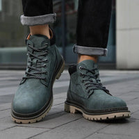Mandotos handmade men's ankle winter leather boots with high-top design, outdoor hiking style, anti-slip soles, suitable for autumn.