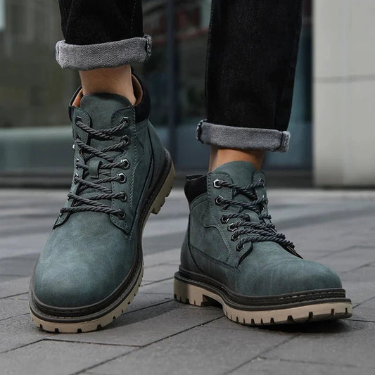 Mandotos handmade men's ankle winter leather boots with high-top design, outdoor hiking style, anti-slip soles, suitable for autumn.
