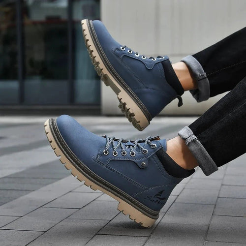 Mandotos handmade men's ankle winter leather boots with high top design, outdoor hiking style, anti-slip soles, suitable for autumn.