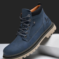 Mandotos handmade men's ankle winter leather hiking boots with high-top design, outdoor slip-resistant footwear for men.