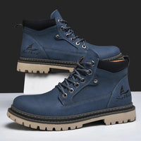 Mandotos handmade men's ankle winter leather boots with high-top design, outdoor hiking style, anti-slip soles, suitable for autumn.