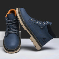 Mandotos handmade men's ankle winter leather boots with high top design, outdoor hiking style, anti-slip soles, suitable for autumn.