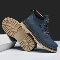 Mandotos handmade men's ankle winter leather boots with high top design, outdoor hiking style, anti-slip soles, suitable for autumn.