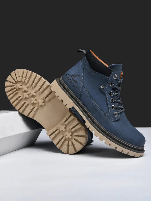 Mandotos handmade men's ankle winter leather boots with high top design, outdoor hiking style, anti-slip soles, suitable for autumn.