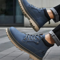 Mandotos handmade men's ankle winter leather boots with high-top design, outdoor hiking style, anti-slip sole, suitable for autumn.