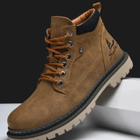 Mandotos handmade men's ankle winter leather boots with high-top design, outdoor hiking style, anti-slip soles, suitable for autumn.
