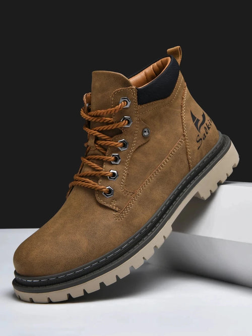 Mandotos handmade men's ankle winter leather boots with high-top design, outdoor hiking style, anti-slip soles, suitable for autumn.