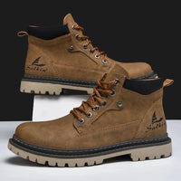 Mandotos handmade men's ankle winter leather boots with high-top design, outdoor hiking style, anti-slip soles, suitable for autumn.