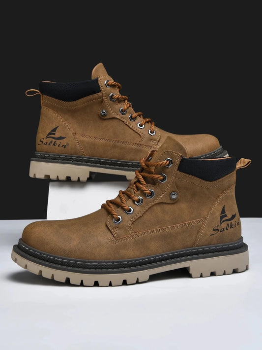 Mandotos handmade men's ankle winter leather boots with high-top design, outdoor hiking style, anti-slip soles, suitable for autumn.