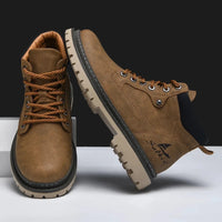 Mandotos handmade men's ankle winter leather boots with high top design, outdoor hiking style, anti-slip soles, suitable for autumn.