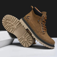 Mandotos handmade men's ankle winter leather boots with high-top design, outdoor hiking style, anti-slip soles, suitable for autumn.