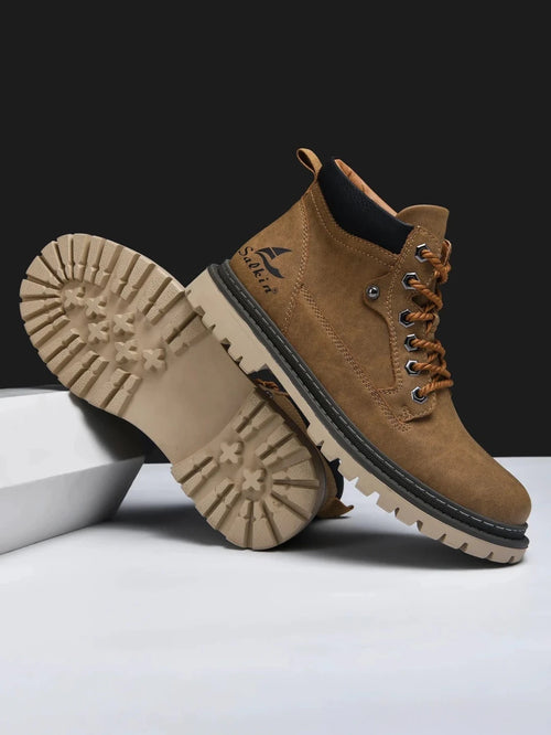 Mandotos handmade men's ankle winter leather boots with high-top design, outdoor hiking style, anti-slip soles, suitable for autumn.