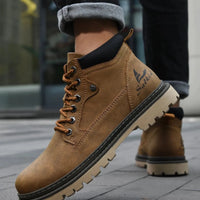 Mandotos handmade men's ankle winter leather boots with high-top design, outdoor hiking style, anti-slip soles, suitable for autumn.