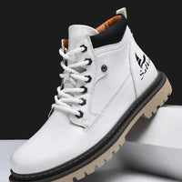 Mandotos handmade men's ankle winter leather boots with high-top design, outdoor hiking style, anti-slip sole, suitable for autumn.