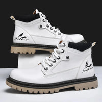 Mandotos handmade men's ankle winter leather boots with high-top design, outdoor hiking style, anti-slip soles, suitable for autumn.