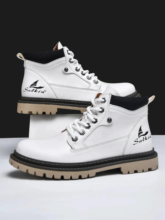 Mandotos handmade men's ankle winter leather boots with high-top design, outdoor hiking style, anti-slip soles, suitable for autumn.