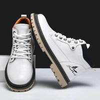 Mandotos handmade men's ankle winter leather boots with high-top design, outdoor hiking shoes, anti-slip soles, suitable for autumn.