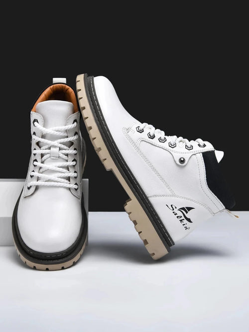 Mandotos handmade men's ankle winter leather boots with high-top design, outdoor hiking shoes, anti-slip soles, suitable for autumn.