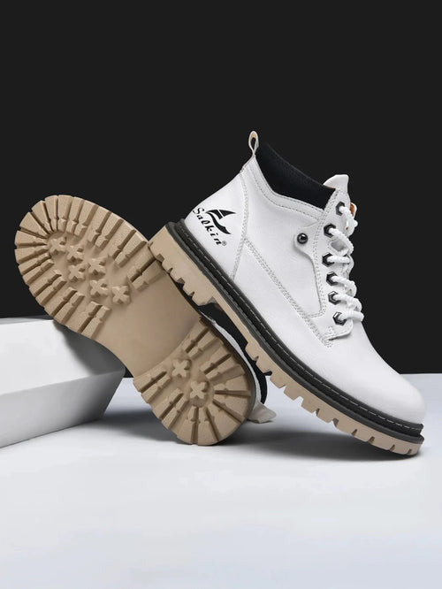 Mandotos handmade men's ankle leather boots with high-top design, winter outdoor hiking shoes, anti-slip soles, suitable for autumn.