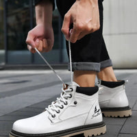 Mandotos handmade men's ankle winter leather boots with high tops, outdoor hiking style, anti-slip soles, suitable for autumn.