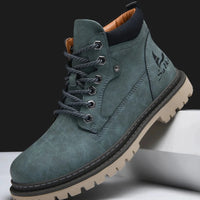 Mandotos handmade men's ankle winter leather boots with high-top design, outdoor hiking, anti-slip soles, suitable for autumn.