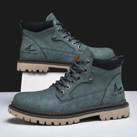 Mandotos handmade men's ankle leather boots for winter and outdoor hiking, featuring high-top design and anti-slip sole.