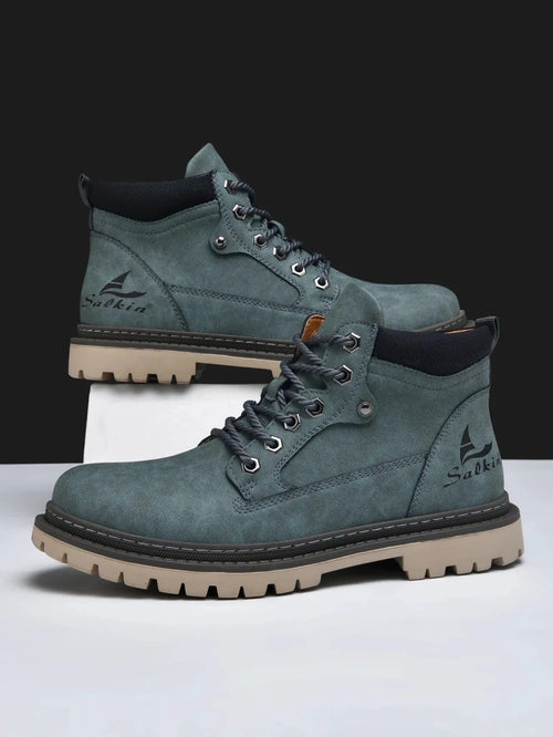 Mandotos handmade men's ankle leather boots for winter and outdoor hiking, featuring high-top design and anti-slip sole.