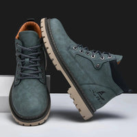 Mandotos handmade men's ankle winter leather boots with high top design, outdoor hiking style, anti-slip sole, suitable for autumn.