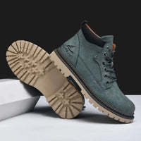 Mandotos handmade men's ankle winter leather boots with high top design, outdoor hiking style, anti-slip soles, suitable for autumn.