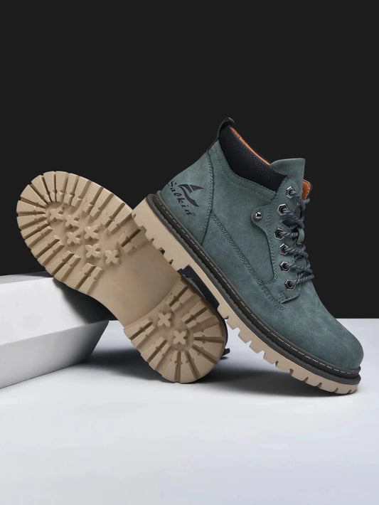 Mandotos handmade men's ankle winter leather boots with high top design, outdoor hiking style, anti-slip soles, suitable for autumn.
